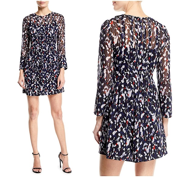 New Club Monaco Delaynee Printed Pintuck Silk Short Mini Dress Sheer Size 8 - Picture 2 of 12